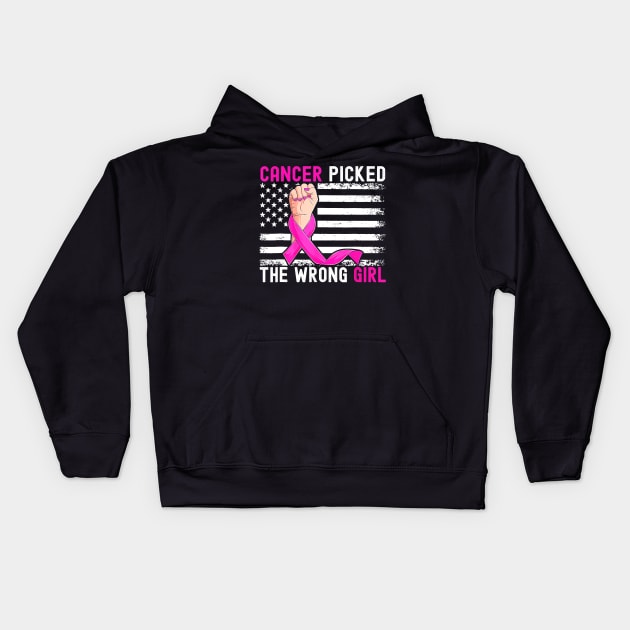 US Flag Cancer Picked The Wrong Girl Breast Cancer Awareness Kids Hoodie by everetto